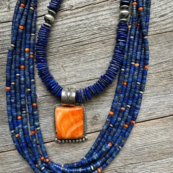 Sterling silver spiny oyster lapis necklace set